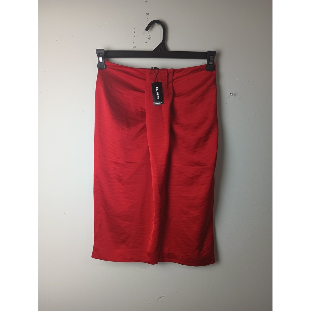 Express Red Satin Pleated Front Pencil Skirt Midi High Waisted Size 2 NWT